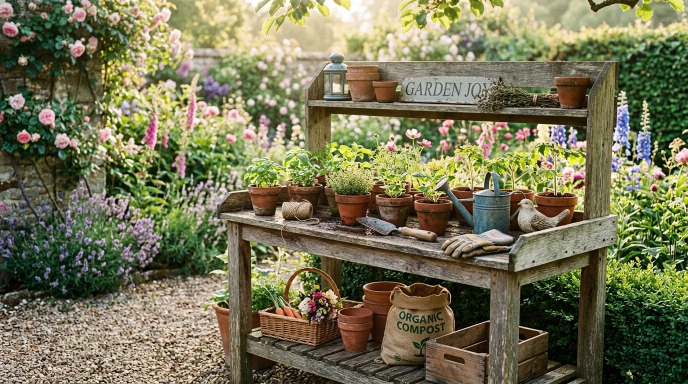 Cottage-Style Weathered Wood Potting Bench